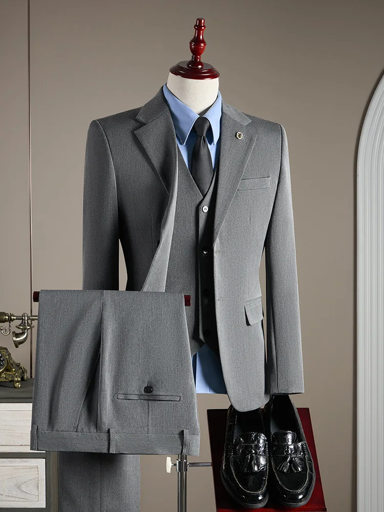 

High-end Men Suit 3 Pcs Jacket Vest Pants Single Breasted Wedding Grooms Tuxedo Formal Business Occasion Suit