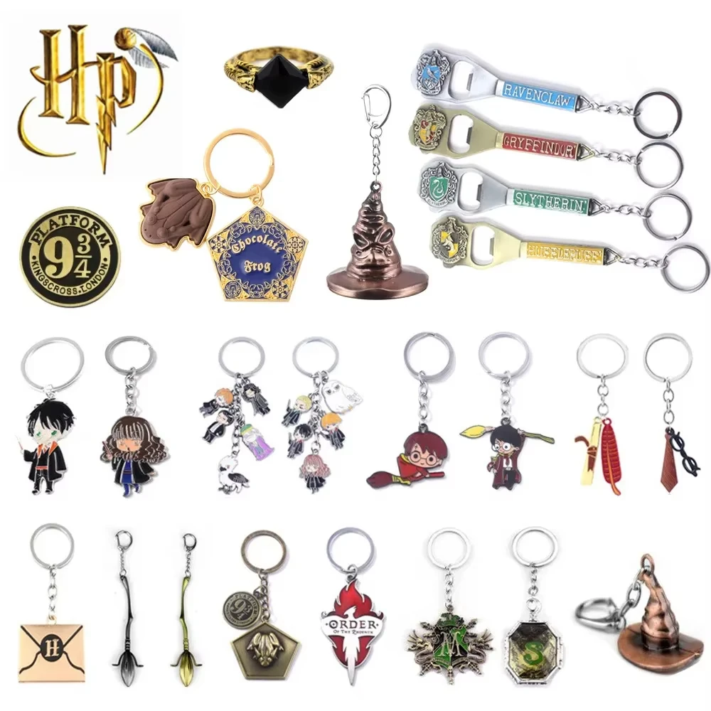 LLavero con colgante de Harry, rana de Chocolate, Hogwarts, insignia escolar mágica, sombrero de clasificación, palo de escoba, llavero de Cosplay para seguidores, regalo de joyería