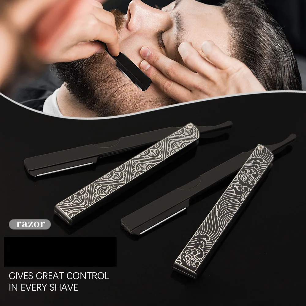 Retro Men Shaving Barber Tools Hair Razor Black Folding Shaver Knife Aluminum Alloy Straight  Safety Razor Barbearia Holder Gift