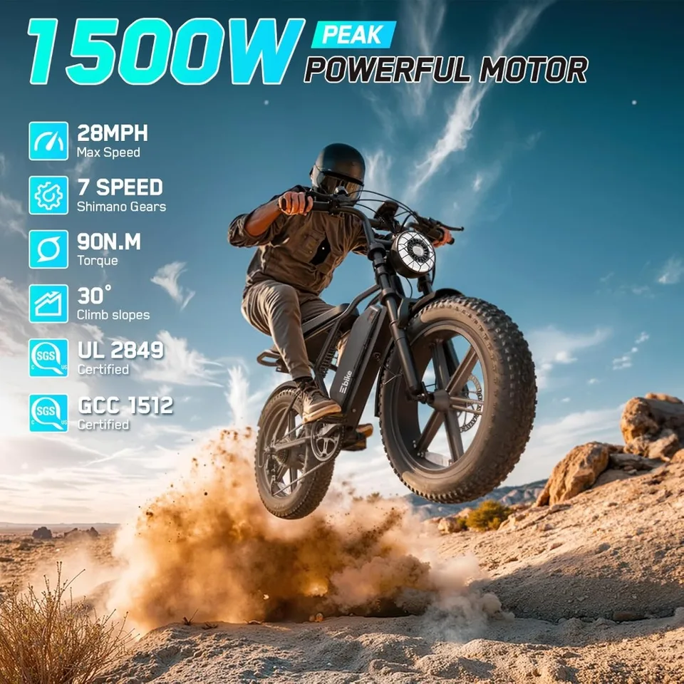Full Suspension 20 Inch Fat Tire Electric Bike for Adults 1500W Peak Motor 60 Miles Range 48V 15Ah Removable Lithium Battery image 3