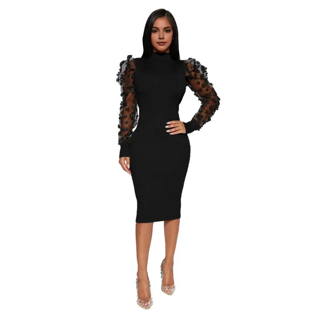 

Slim Fit Knitted Dress Mesh Sleeve Long-sleeved Dress Elegant Floral Mesh Sleeve Sheath Dress for Women Slim Fit Midi for Prom