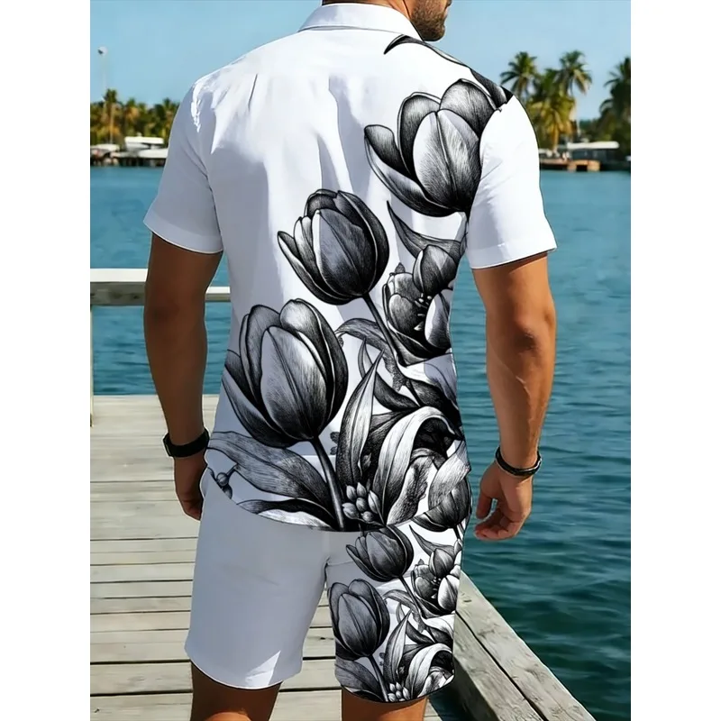 Mens White Floral Print Shirt and Shorts Set Lightweight Beach Outfit with Matching Bottom for Vacation Resort Pool Party Summer view 2
