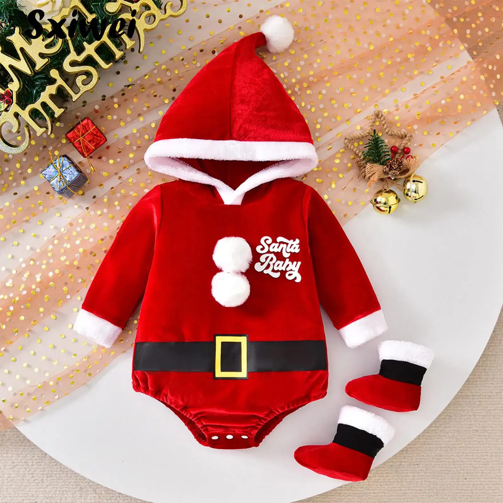 Baby’s First Christmas Boys Girls Outfit Xmas Infant Long Sleeve Velvet Hooded Romper Socks Family Gathering Santa Claus Costume
