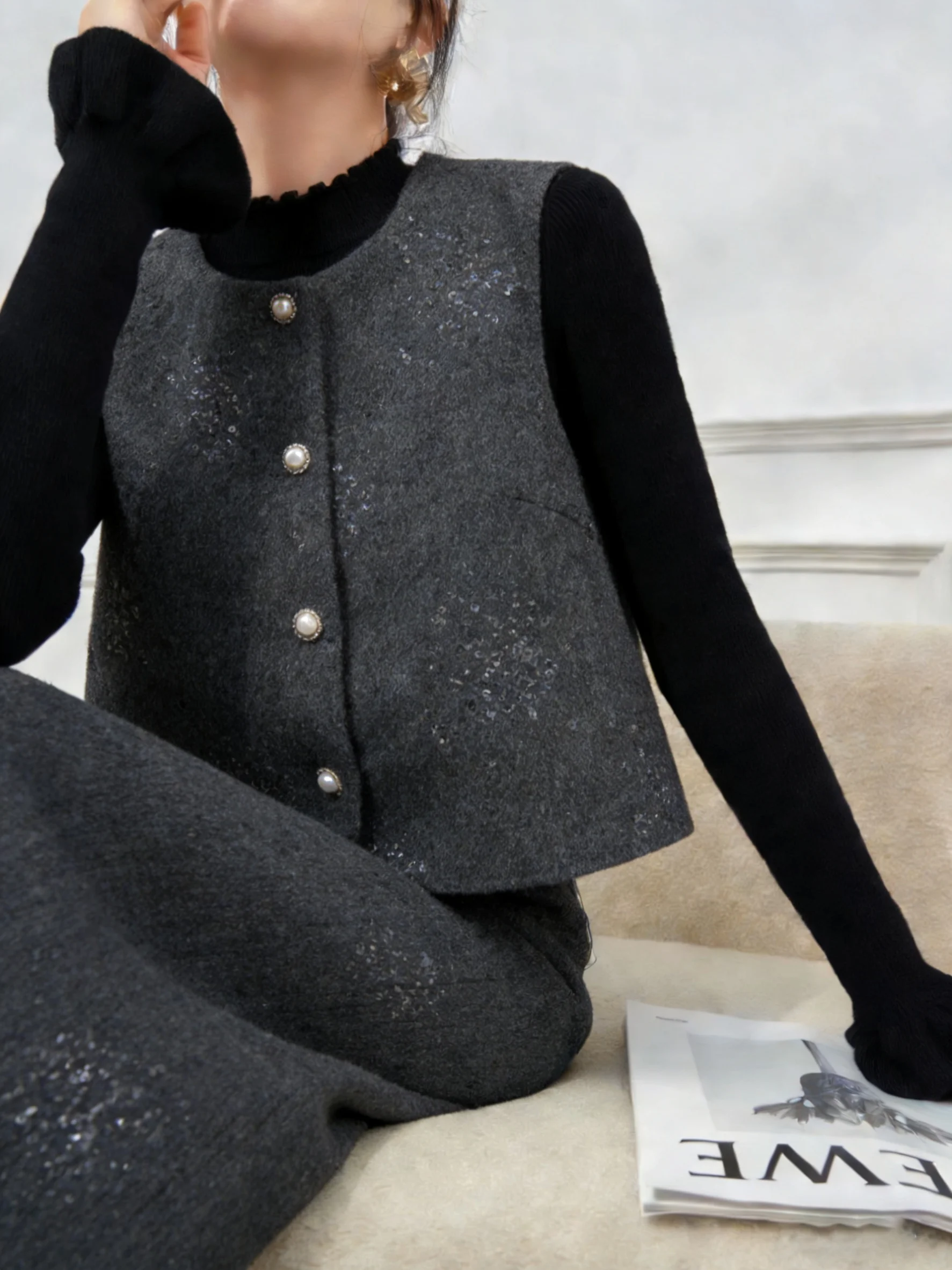 

Комплект из жилета и юбки с пайетками Ele ey: модный зимний наряд для женщин, юбка миди прямого кроя с высокой талией, комплект Ele Sle