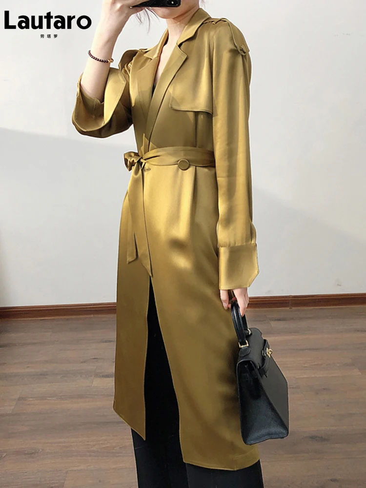 Lautaro Spring Autumn Long Soft Luxury Elegant Flowy Satin Acetate Trench Coat for Women High Quality Chic British Fashion 2022