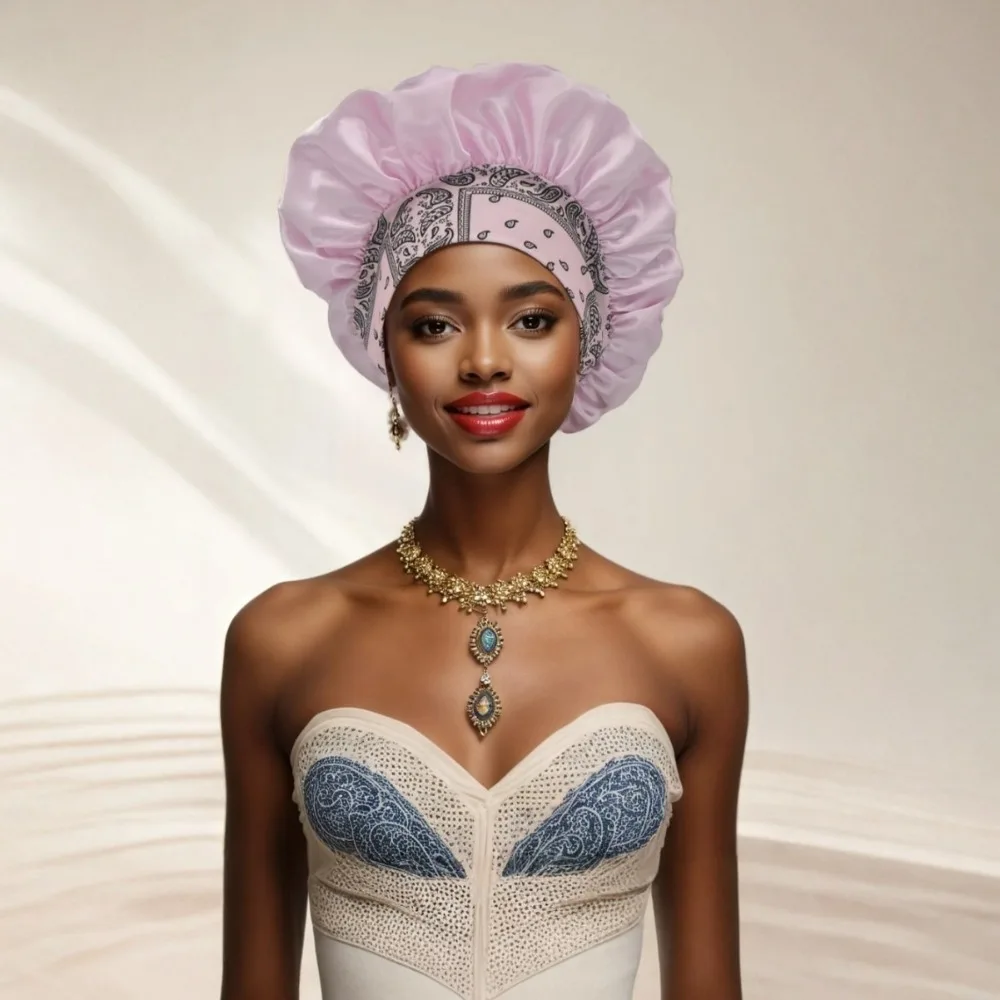 Hot-selling European and American Popular Wide-brimmed Elastic Hat Round Hat, Ethnic Style Satin Nightcap, Beauty Hair Care Cap