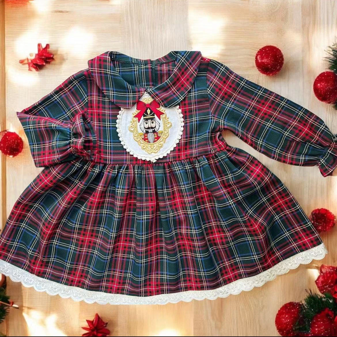 

0-12Y Baby Girl Autumn Nutcracker Embroidery Red Plaid Dress for Christmas Eid Birthday Holiday photography Casual C172