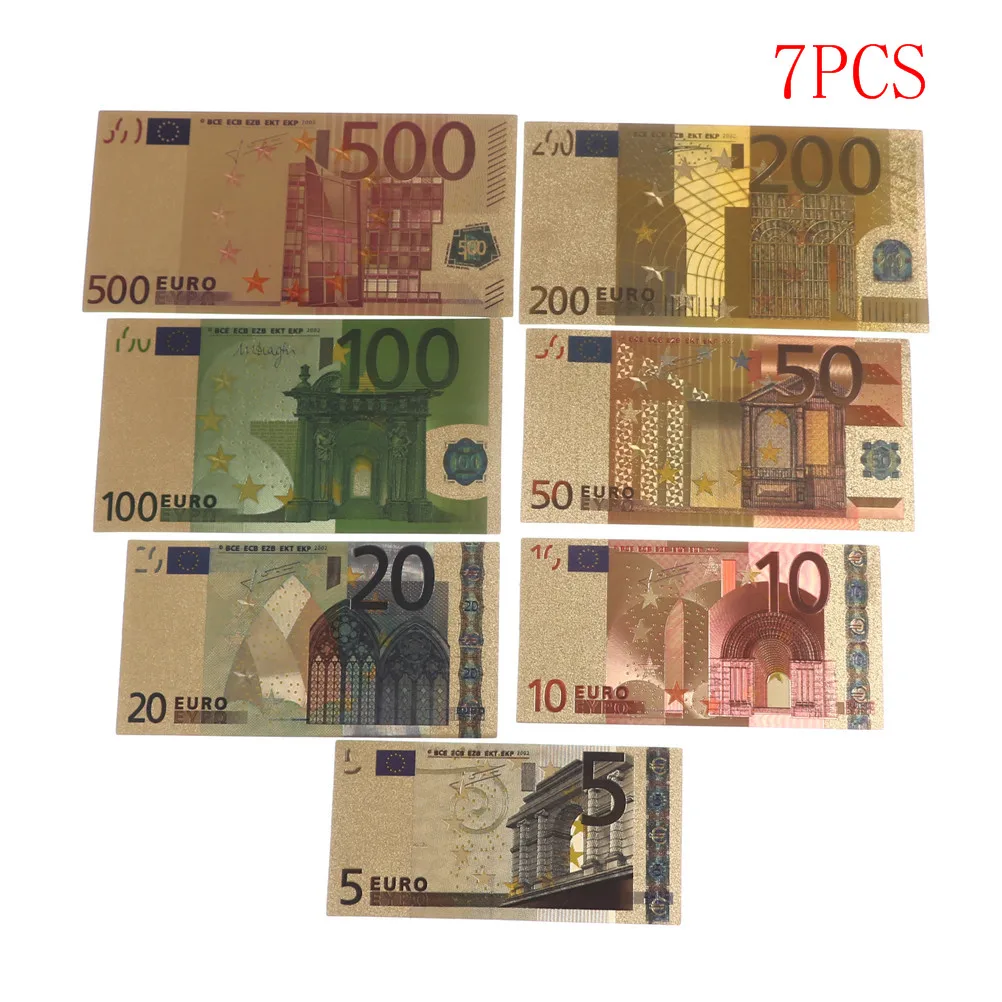 7 Stück 5 10 20 50 100 200 500 EUR Goldbanknoten in 24 Karat Gold Fake Paper Money für Sammlung Euro-Banknote