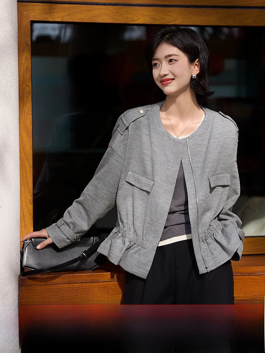 

Модная текстурированная шерстяная смесь Jaet с высокой талией, дизайнерская верхняя одежда для поездок на работу, женская верхняя одежда, круглое длинное пальто све