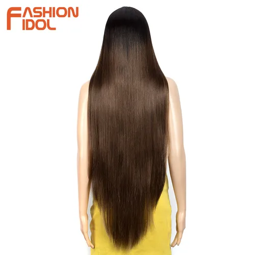 Imagen 2 del producto FASHION IDOL-pelucas de encaje liso de 38 pulgadas, pelo largo sintético liso, parte en T, pelucas de encaje, Rubio degradado, marrón, pelucas de cosplay para mujer