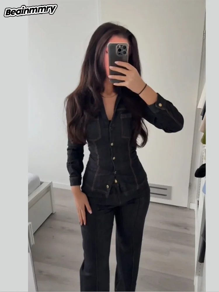 Fashion Denim Women Laple Slim Fit Blouse High Waist Pants Suit Women's Single Breasted Pockets Shirts Long Pant Set Lady Outfit