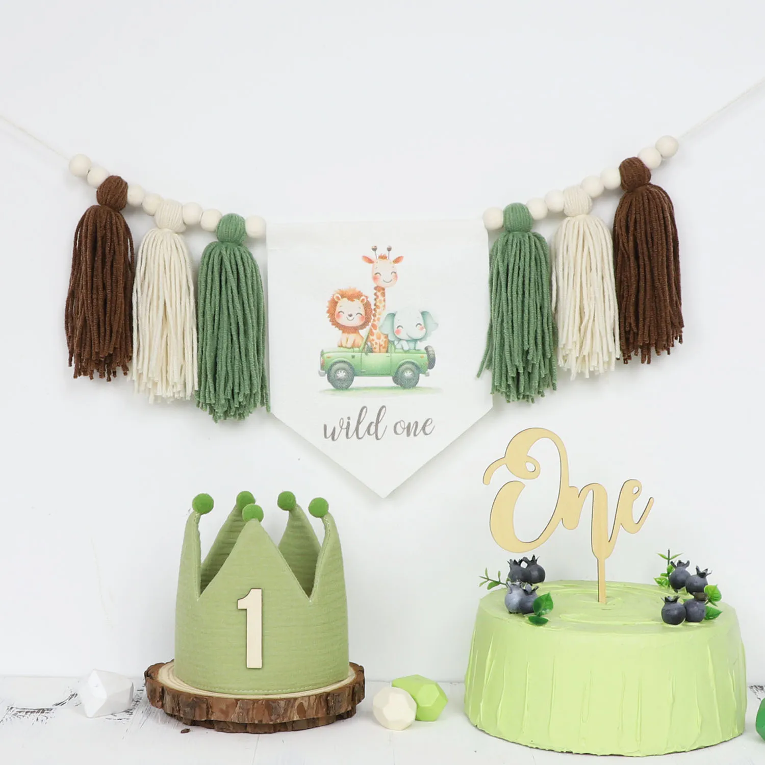 INS 1 قطعة أطفال سفاري الحيوان عيد ميلاد كرسي مرتفع جارلاند بوهو حبة خشبية شرابة الغابات 1st حفلة الأسد الأخضر راية