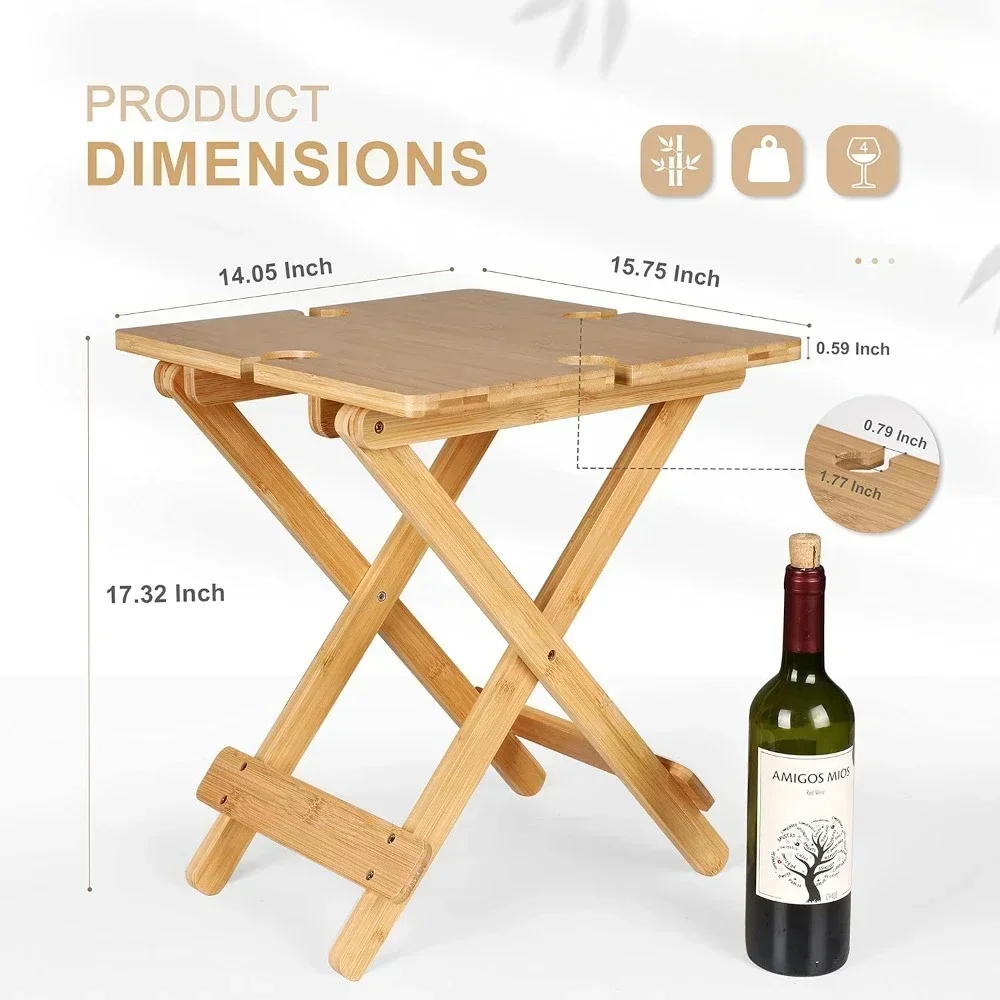 Portable Camping Table Tray Desk Weatherproof Outdoor End Tables for 1-4 Persons Bamboo Wine Picnic Table Glass Holders Deck