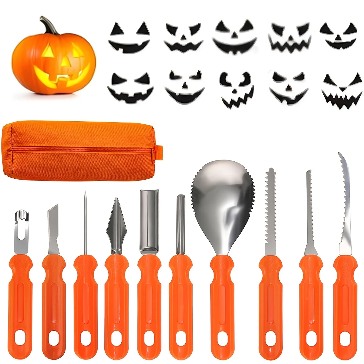 11 Pieces Halloween Pumpkin Carving Kit Heavy Duty Stainless Steel Carving Tools Set Jack O Lantern Detail Sculpting Saws Scoop Etching Knives DIY Craft Stencils Family Holiday Party Kit Home Care Tool Plus Pro Safe Fast Easy Daily Life Best Top Glow