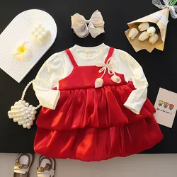 Autumn New Girls' Dress Fake Two Bow Ribbon Cake Layer Long Sleeve Knitwear Top Round Neck (0-3 Years Old Girls)