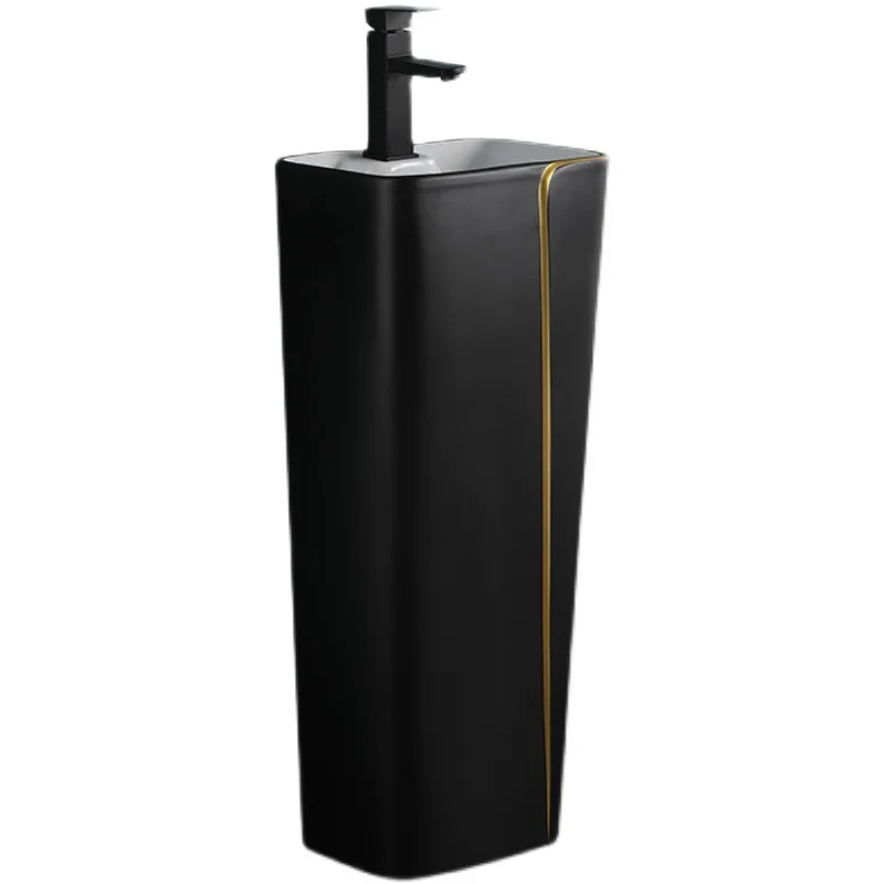 cf-Nordic Integrated Black and Gold Edge Floor Standing Column Wash Basin Bathroom Sanitary Ware#