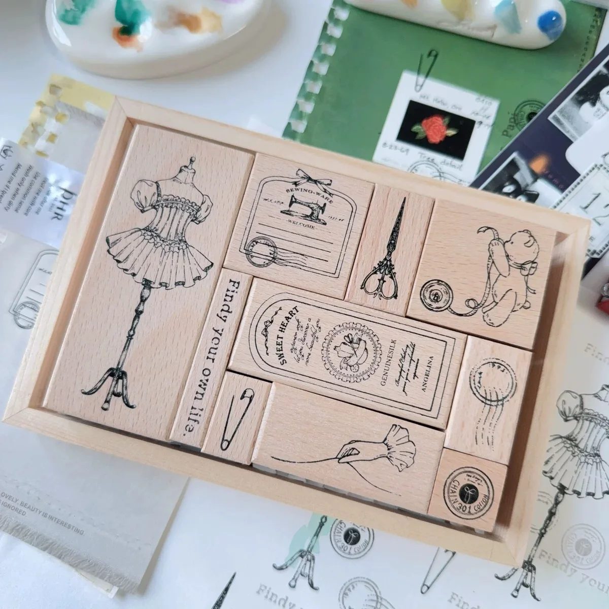 Vintage szycie drewniana pieczątka do DIY Scrapbooking tworzenie kartek do albumu na zdjęcia