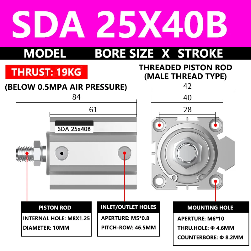 

ABILKEEN SDA25X40B Серия SDA Тонковоздушный цилиндр 25 мм с наружной резьбой Диаметр цилиндра X 40 мм Ход Пневматический компактный цилиндр двойного действия