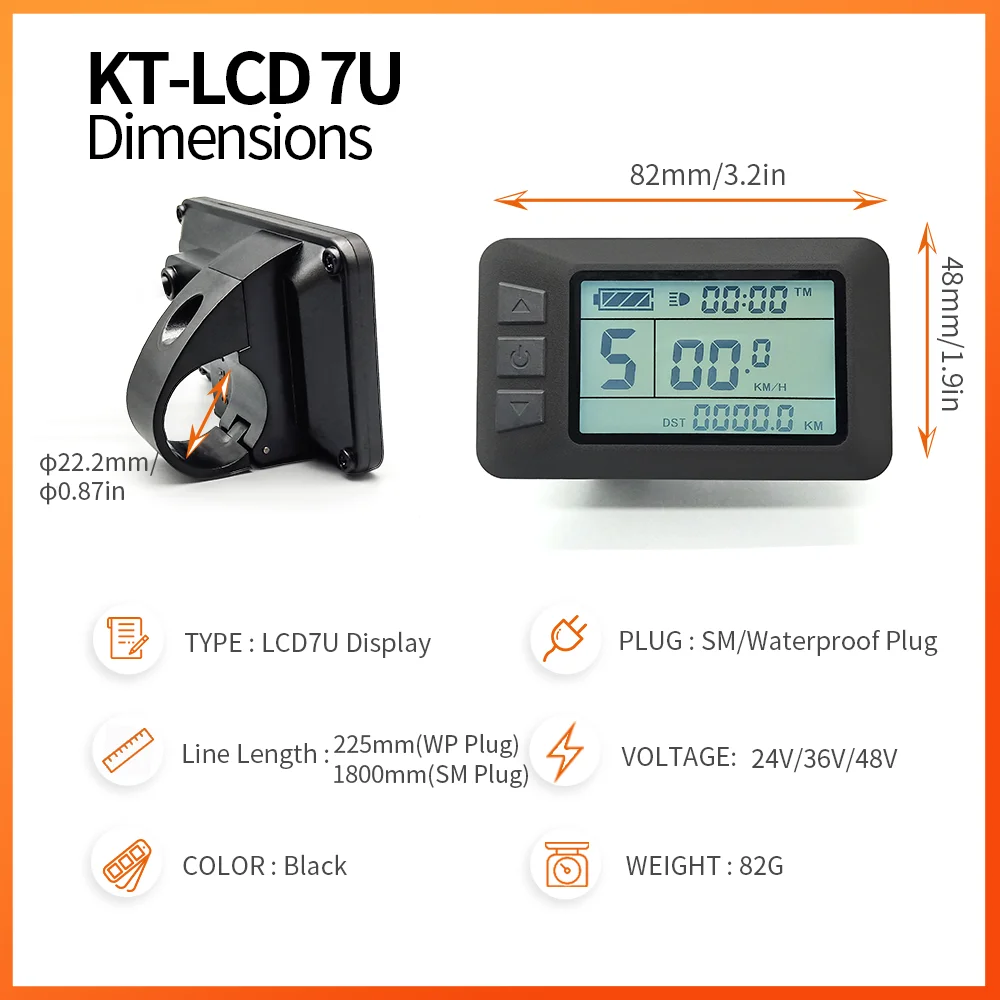 Ebike KT-LCD7U (con USB) Display per Kit di conversione bici tensione compatibile 24V 36V 48V con spina 5 pin impermeabile/SM