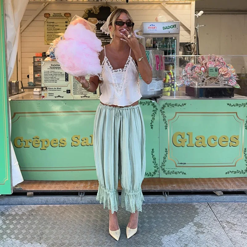 ﻿   كشكش الدانتيل تقليم السراويل تحت اللباس ﻿   سروال طويل ريترو للمرأة 2025 ربيع أحدث ملابس منزلية مريحة للاستخدام الداخلي