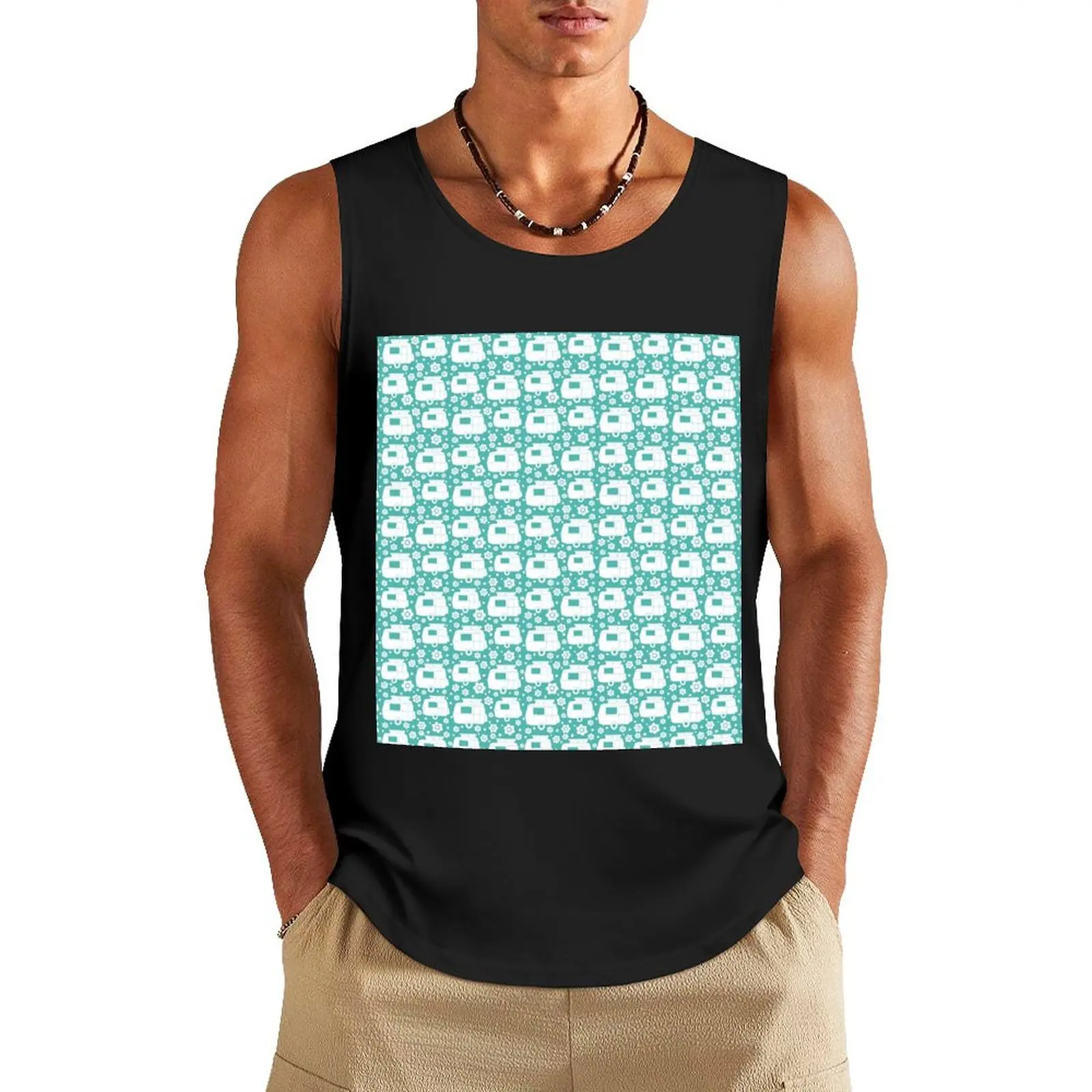 Daisy Polka Dot Vintage Caravan Pattern in Turquoise and White Tank Top vests for men Vest muscular man