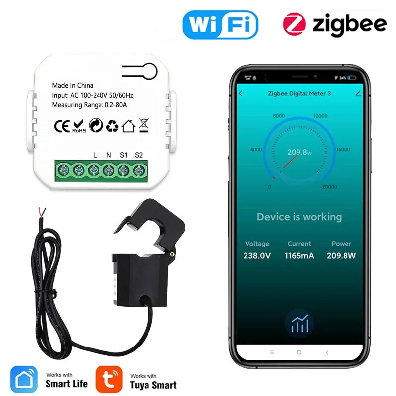 Tuya WiFi ZigBee Energy Meter 80A Current Transformer Clamp Ammeter KWh Electricity Meter For Alexa Google Home Voice Control