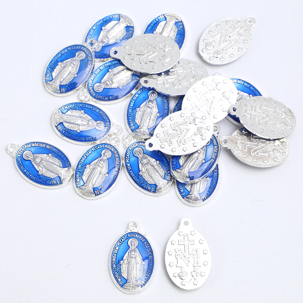 100pcs of Silver Plated Blue Enameled Lady of Miracles Center Miraculous Rosary Charm Pendant