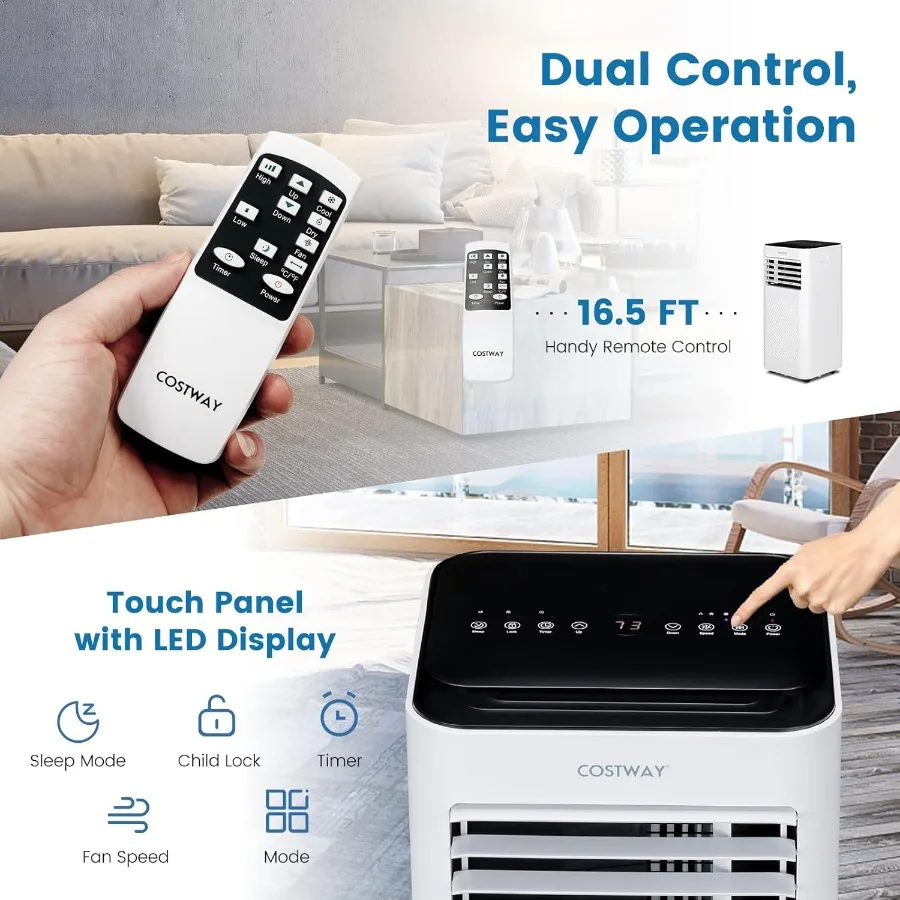 مكيف هواء محمول وحدة تيار متردد 10000 وحدة حرارية بريطانية مع وضع النوم مزيل الرطوبة بمروحة باردة للغرف حتى 350 قدم مربع تتضمن مؤقتًا 24 ساعة C