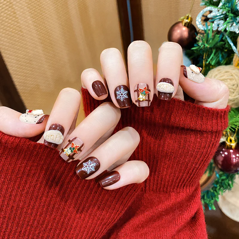 

10pcs Santa Claus Fake Nail Tips Short Ballet Christmas Pattern False Nails Patch Wearable Full Cover Merry Christmas Gifts