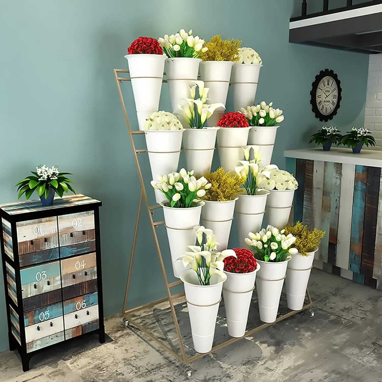 Stand Pajangan Bunga, Rak Gerobak Tanaman Bergerak Tugas Berat 3 Lapis Dengan Roda dan Ember