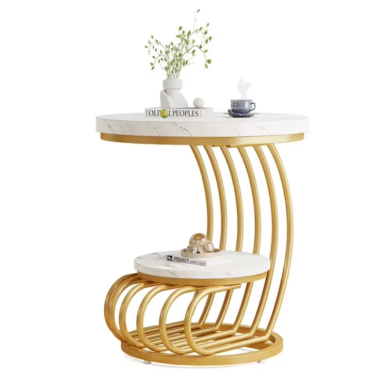 

Modern Accent Round Wood Faux Marble Platinum Coffee Table Small Side Table with Storage Living Room Bedroom