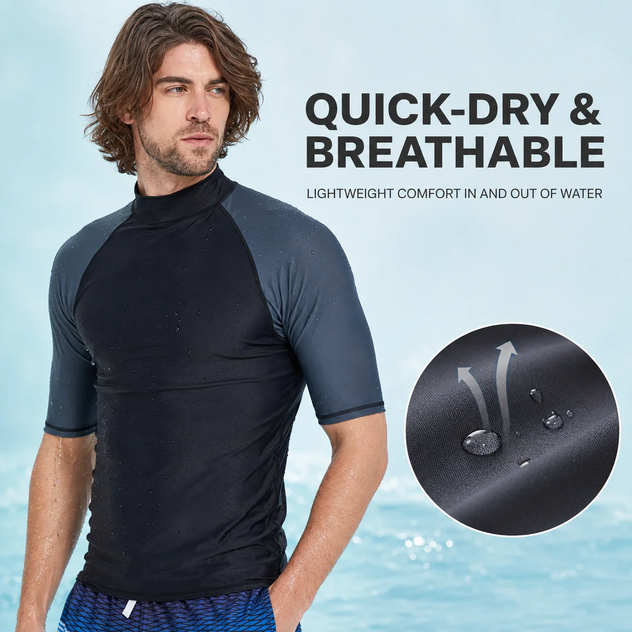 SBART Men\'s UPF 50+ Short Sleeve Rash Guard Quick-Dry Stretch Swim Shirt for Surfing Diving Kitesurfing Windsurfing
