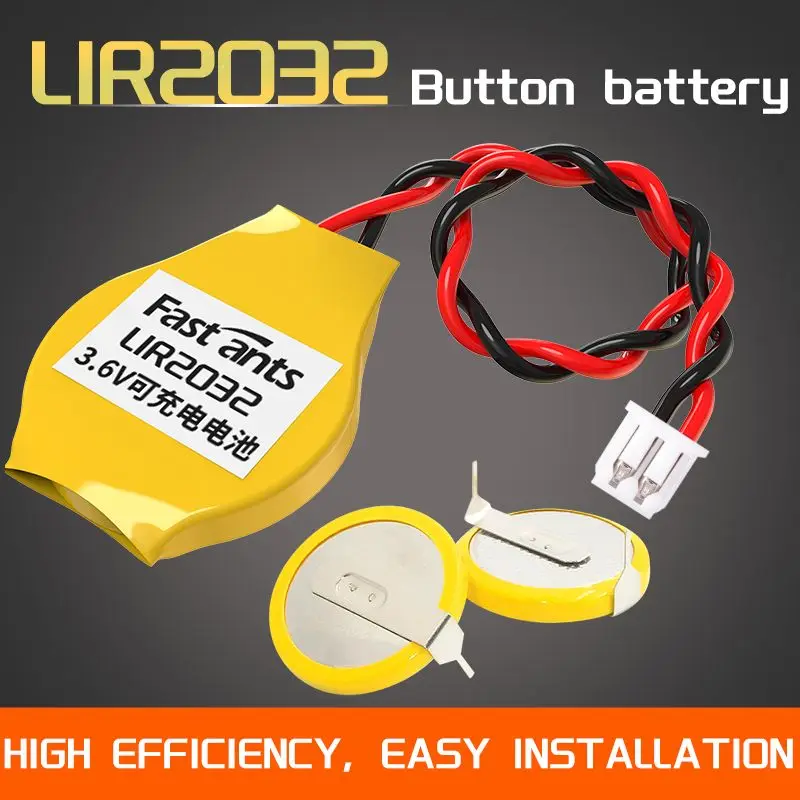 Original LIR2032 3.6V Rechargeable Lithium Coin Cell Battery With Solder 2Pins Wire Connector Plug For CMOS BIOS RTC Motherboard