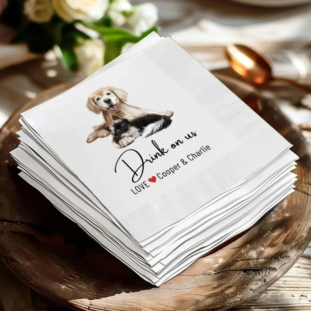 50 pcs Customized Wedding Napkins Napkins with Dogs Cats,Bridal Shower, Engagement Party, Personalized Pet Cocktail Napkins