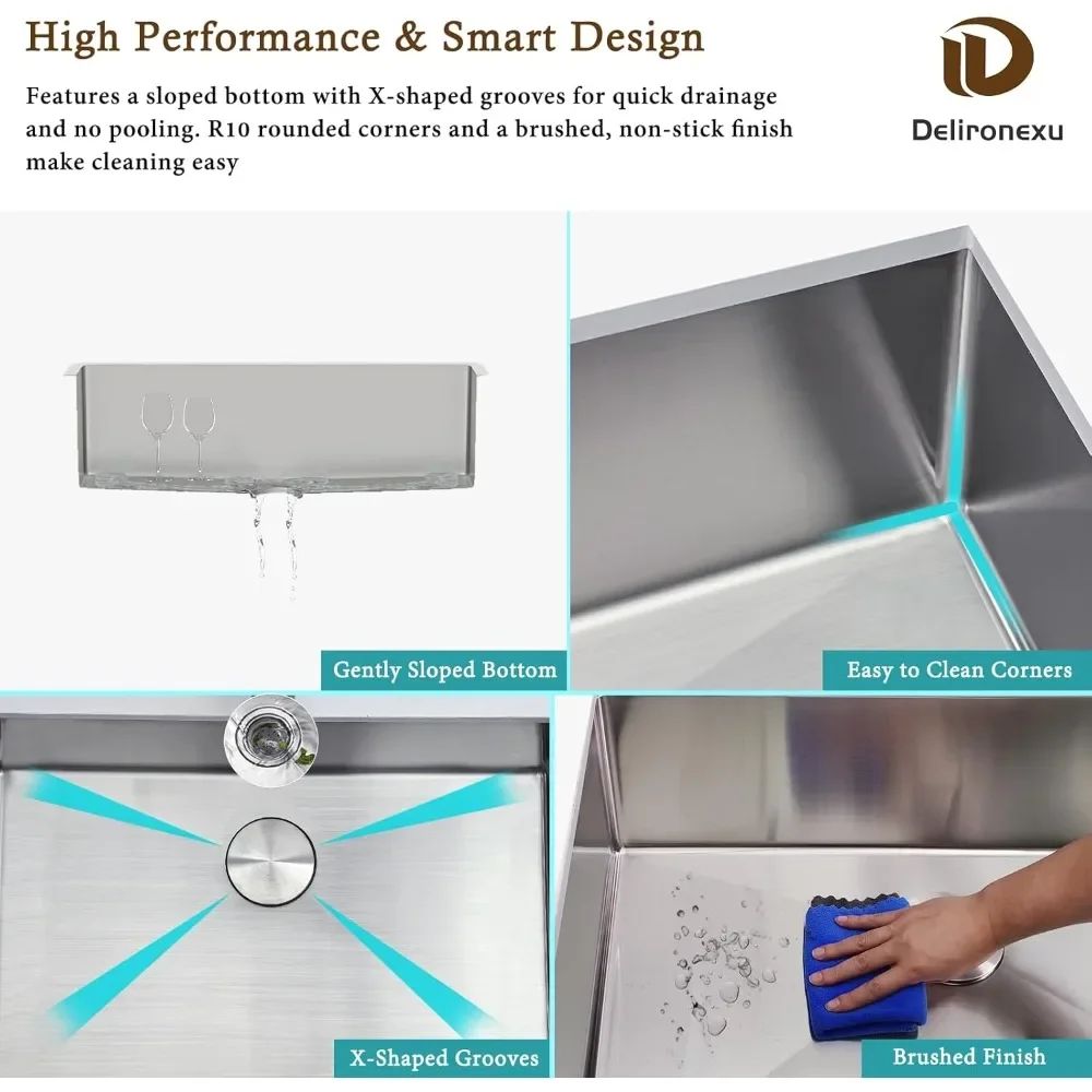 حوض مطبخ سفلي 30 بوصة قابل للتخصيص - 18 مقياس من الفولاذ المقاوم للصدأ وعاء واحد أحواض المطبخ 30 بوصة × 18 بوصة × 9 بوصة تصميم يدوي واي فاي