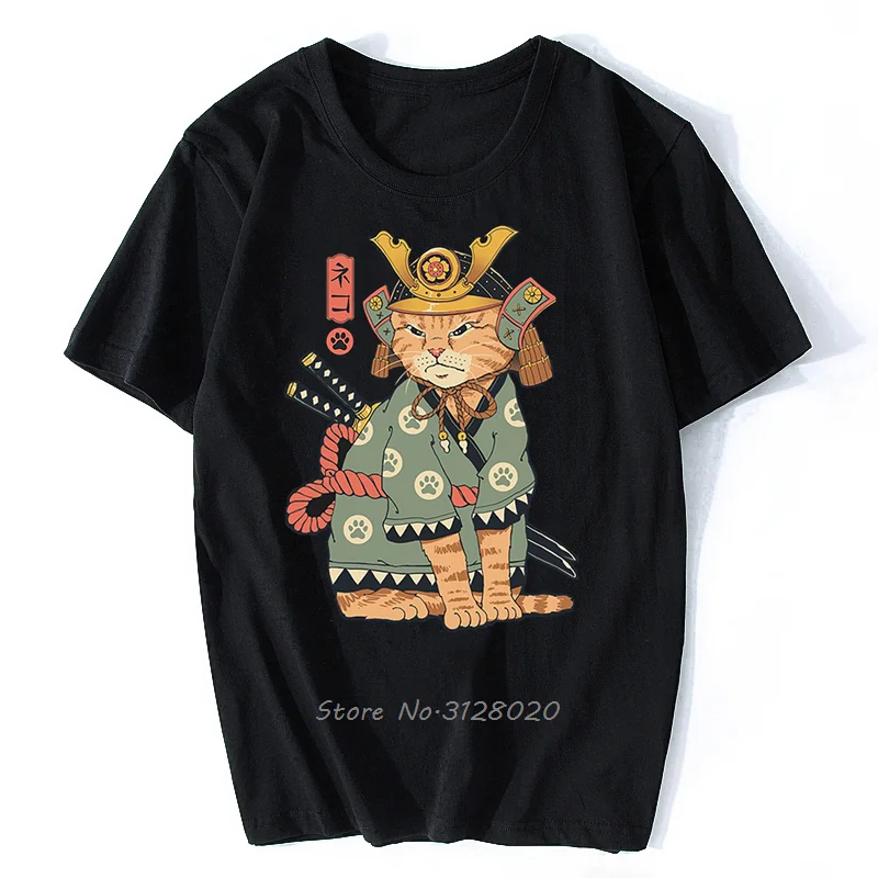 Anime Samurai Cat T Shirt Men Japanese Ukiyo-E Ninja Cat Print T-Shirt Mens Casual Tshirt Male Fashion Streetwear Harajuku Tees