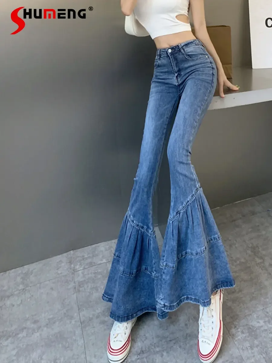 Fashion Big Flare Jeans Women Trousers Spring Autumn 2022 New High Waist Stretch Elastic Slim Fit Bell-Bottom Pants High Street