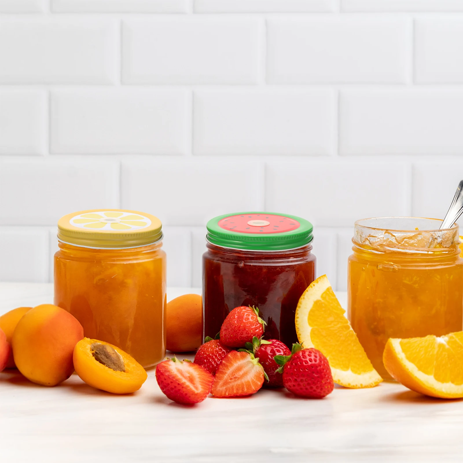 

20pcs Fruit Pattern Mason Jar Lid Tinplate Material Leak Proof Reusable Straw Hole Canning Sealing Glass Container
