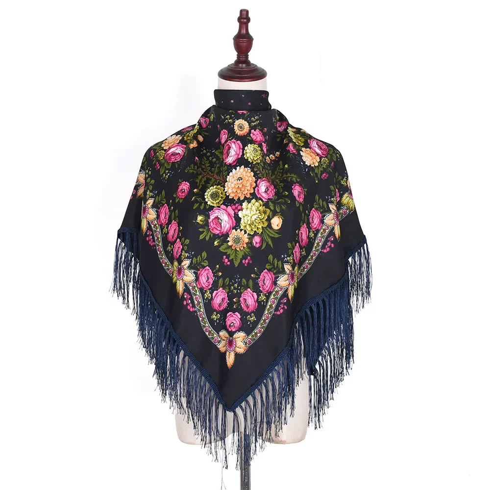 115*115cm Luxury Floral Print Russian Square Scarf Women Ethnic Style Traditional Fringed Ukrainian Shawl  Travel Beach Shawls