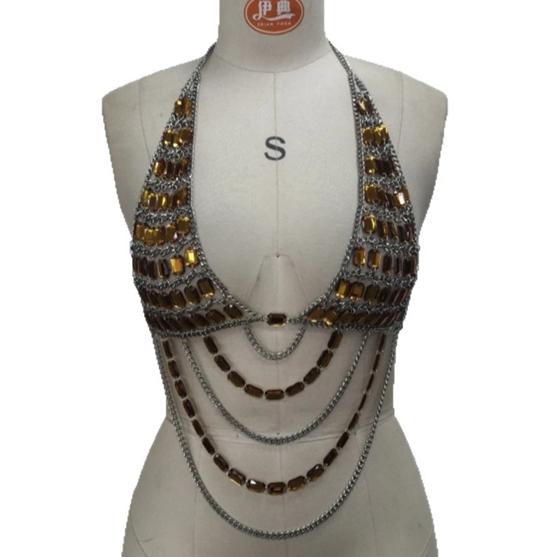 Bling Gold Blue Black Rhinestone Beaded Bra Chain Camis Tops Deep-v Neck Multi-layer Breast Jewelry Party Dance Show Corset Tops