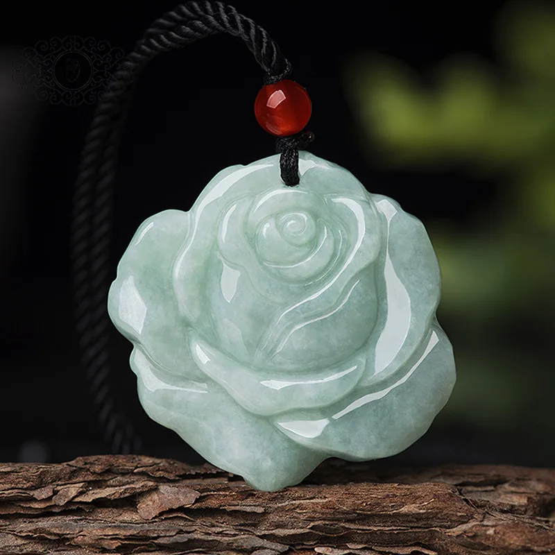 Natural Burmese Type A Jadeite Rose Flower Pendant Light Aqua Tone Carved Charm with Braided Cord