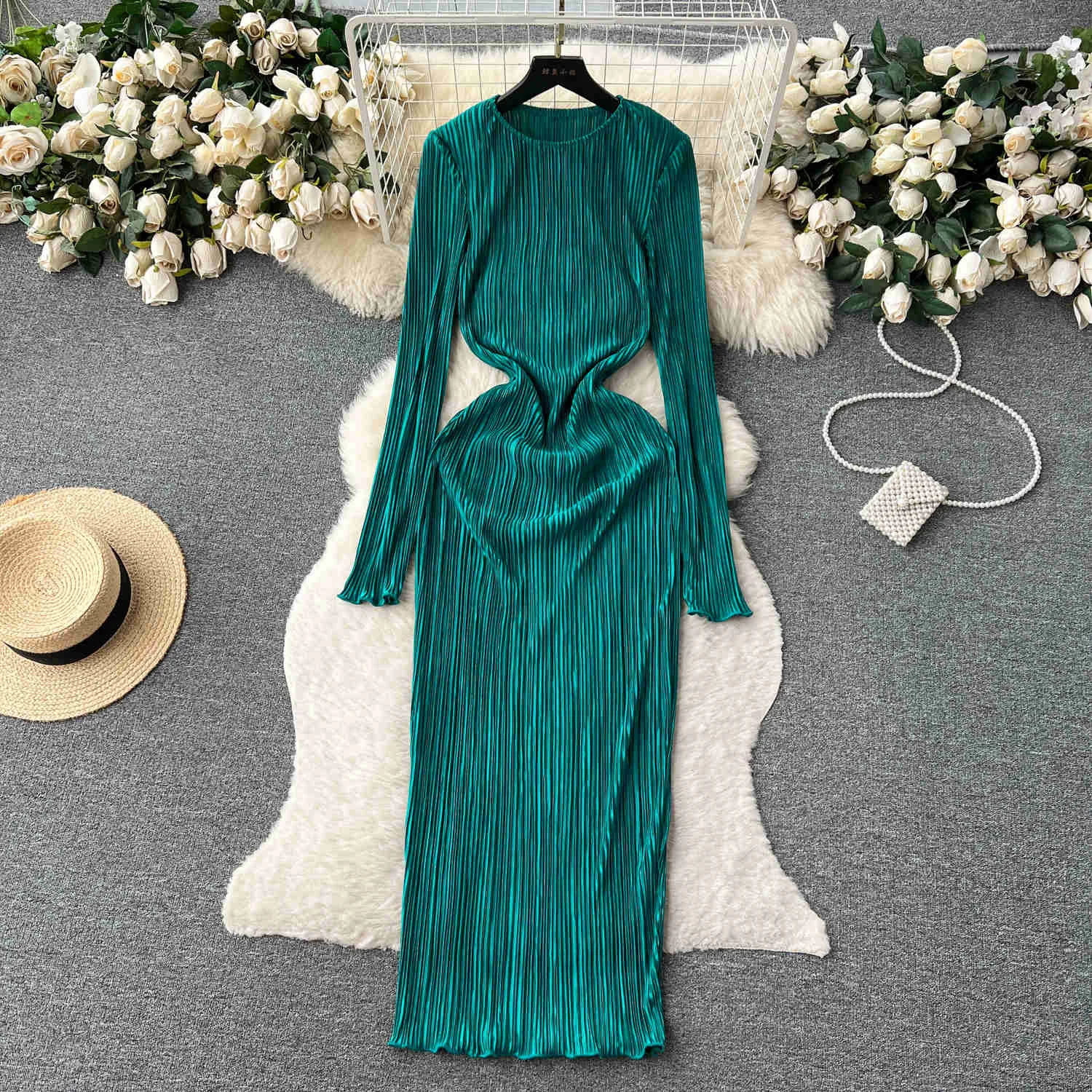 Women Elegant Autumn Bodycon Dress 2024 Solid O Neck Long Sleeve Slim Stretch Summer Streetwear Club Party Maxi Dress Vestidos