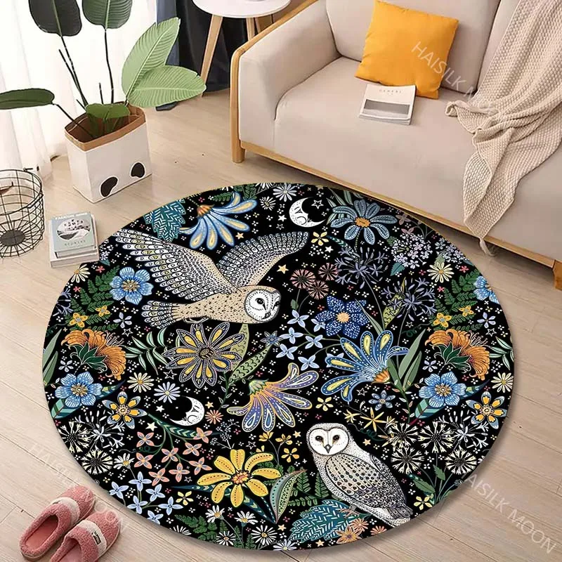 1PC Owls and Flowers Print Round Carpet for Living Room Bedroom Sofa Table Floor Mat Area Rug Luxury Gift