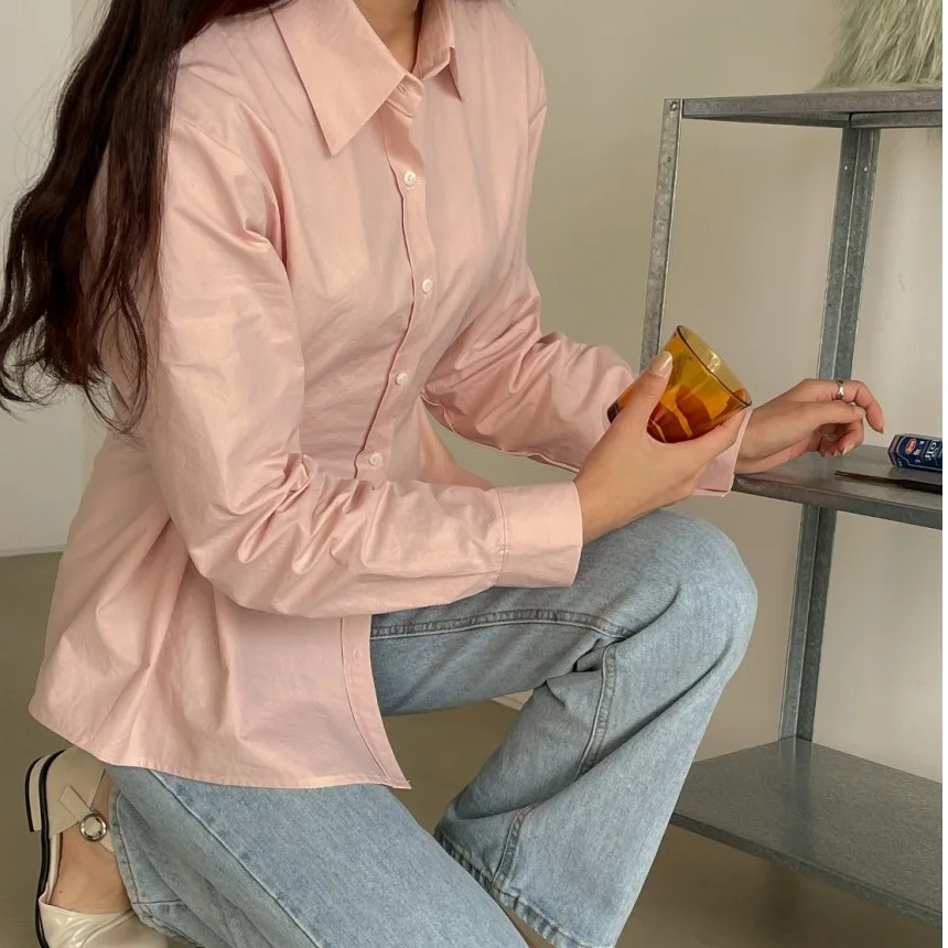 المرأة عارضة أنيقة irt الكورية Sle الجانب زر الخصر Cinching متعرج تصميم لون نقي أعلى تنفس ألياف البوليستر