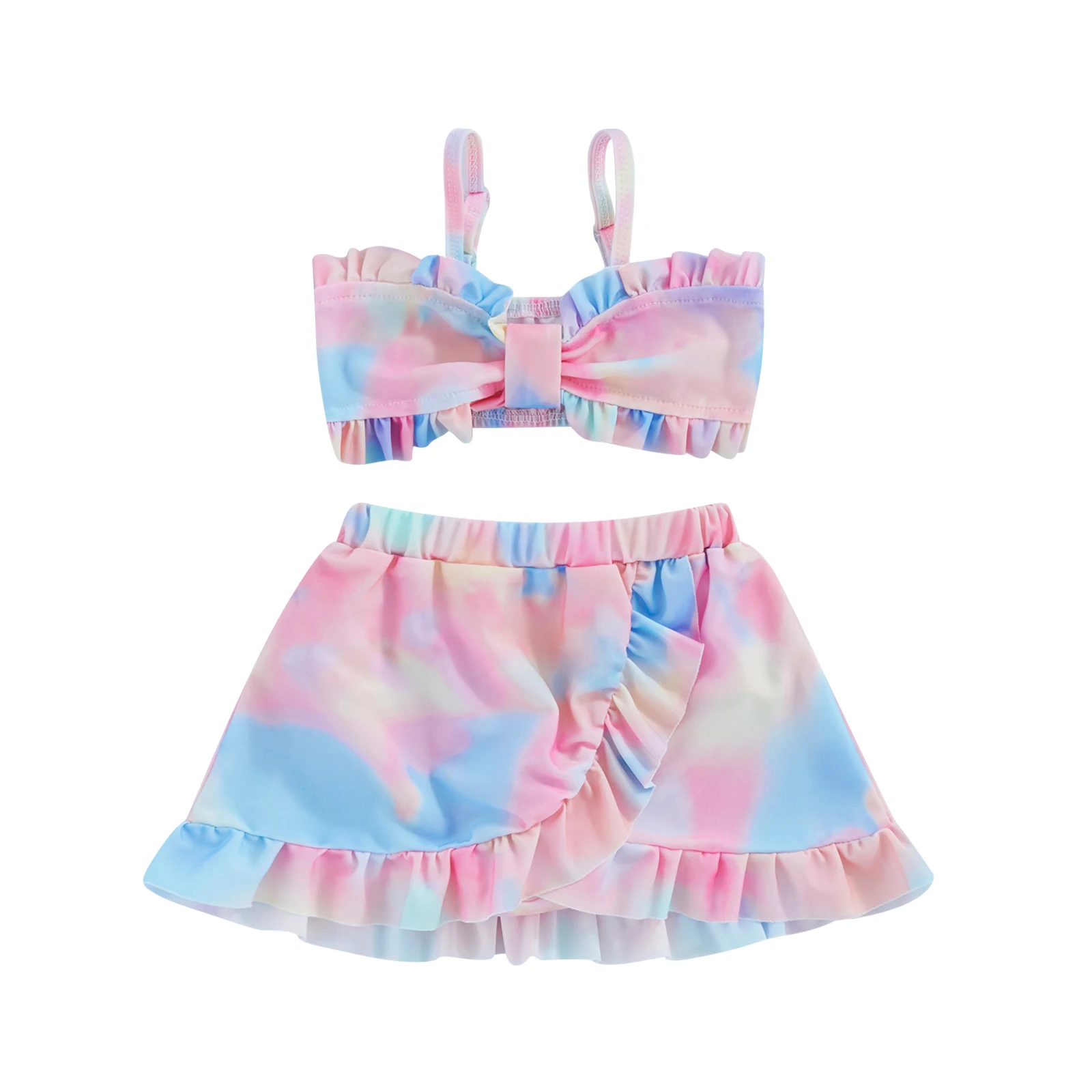 BeQeuewll Kids Girl Swimsuits and Cover-up Summer Floral/ Tie Dye Print Camisole Bra Elastic Shorts and Ruffle Skirt Set