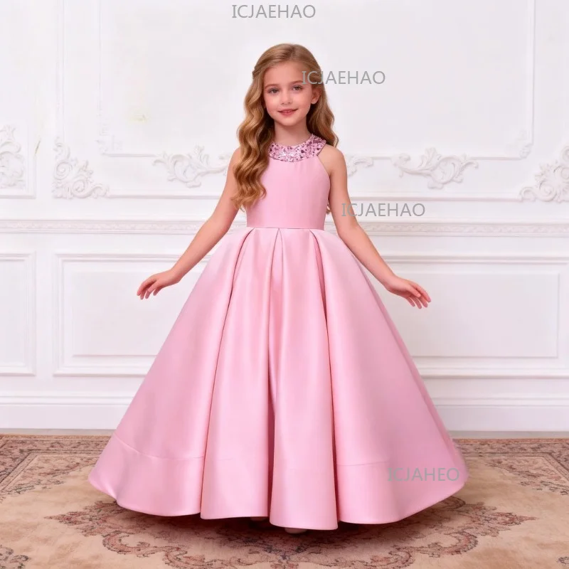 Pink Sweet Children Girls Sleeveless Birthday Party Host Performance  Satin Princess Dress Waist Full Skirt TutuGown Costume