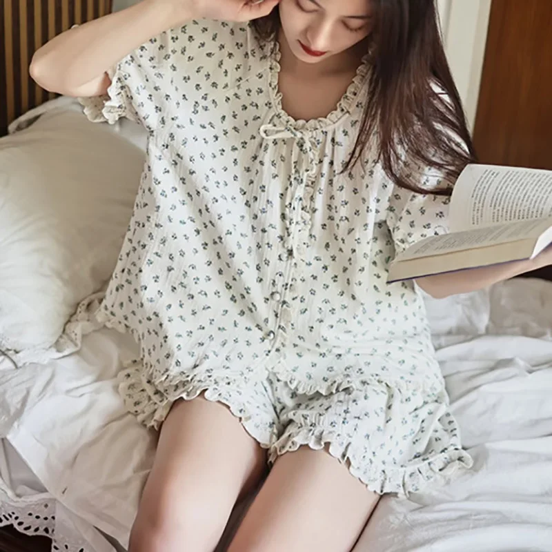 

100% Cotton Double-layer Yarn Floral Girl's Home Suit Set Sleepwear Sweet and Cute Fairy Sleepwear for Summer