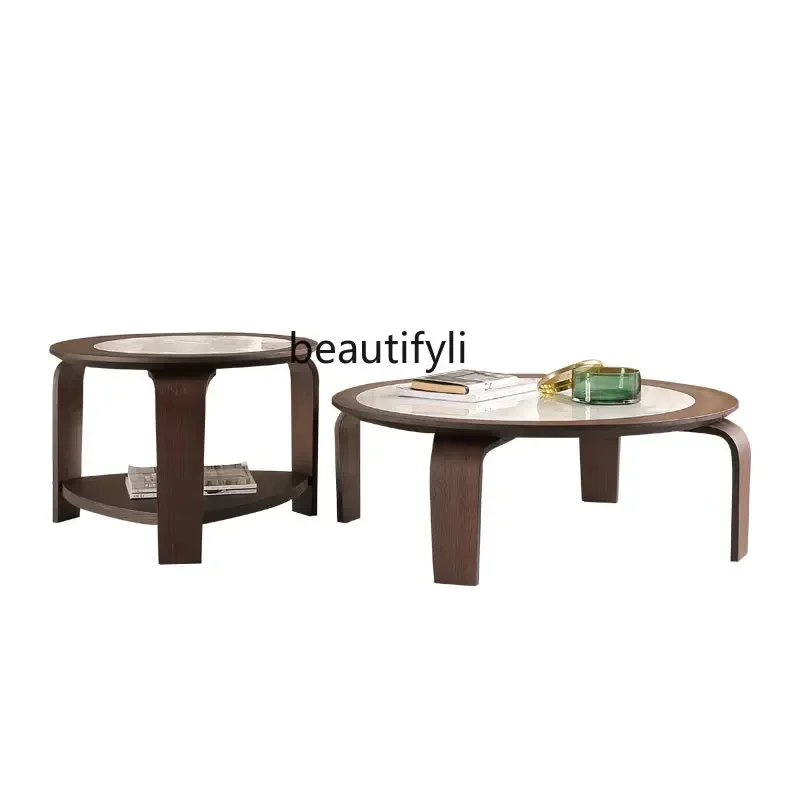 New Arrivals Light Luxury Coffee Table Small Apartment Bedroom Living Room Wood Grain Height Stone Plate Creative Tea Table roun