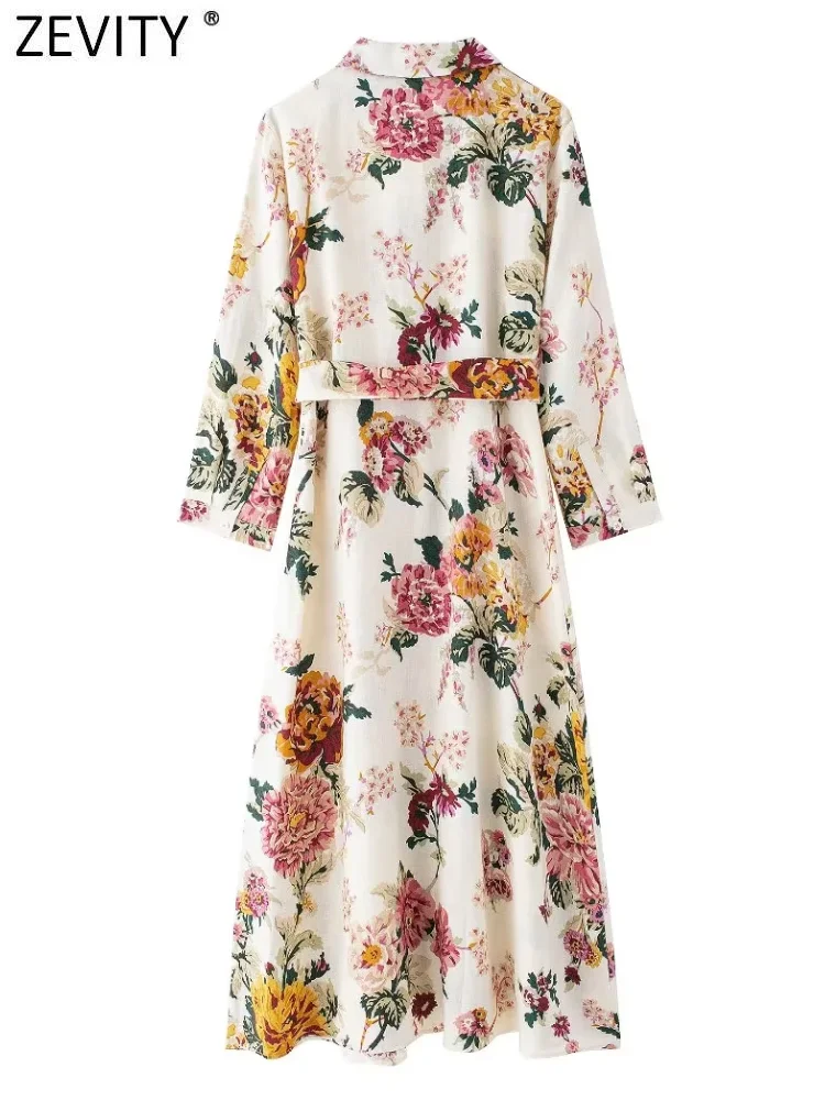 Zevity 2024 New Women Elegant Floral Print Bow Sashes Busness Shirt Midi Dress Female Chic Three Quarter Sleeve Vestidos DS6238