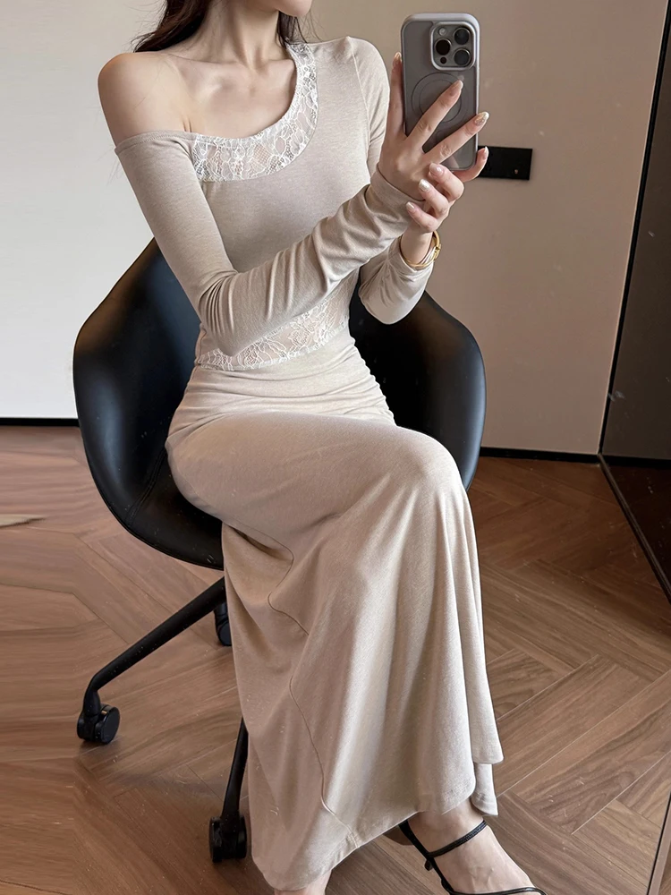 REDDACHiC épaule inclinée robe à manches longues femmes tricot épissure dentelle évider moulante drapé Maxi robe longue Sexy automne vêtements